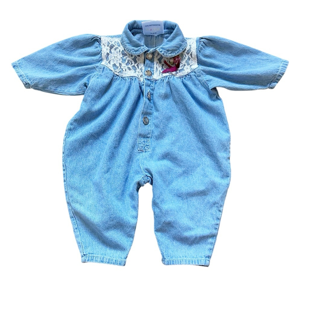 Vintage 90’s Zeddy Light Blue Denim Romper 12 Months Cotton Retro Floral